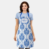 Blaues französisches Damast-Toile-Muster Monogramm Schürze (Getragen)
