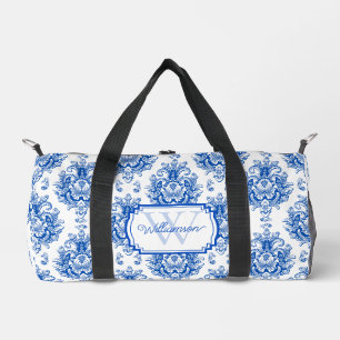 Blaues französisches Damast-Toile-Muster Name Mono Duffle Bag