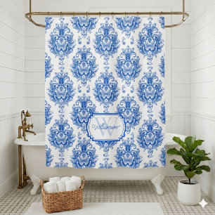 Blaues französisches Damast-Toile-Muster Name Mono Duschvorhang