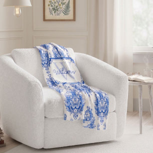 Blaues französisches Damast-Toile-Muster Name Mono Fleecedecke