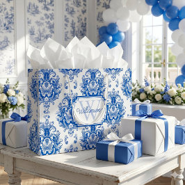 Blaues französisches Damast-Toile-Muster Name Mono Große Geschenktüte