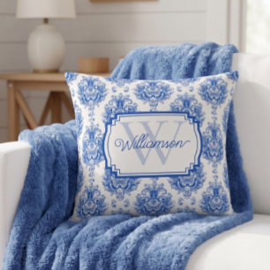 Blaues französisches Damast-Toile-Muster Name Mono Kissen