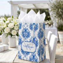 Blaues französisches Damast-Toile-Muster Name Mono