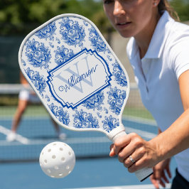 Blaues französisches Damast-Toile-Muster Name Mono Pickleball Schläger