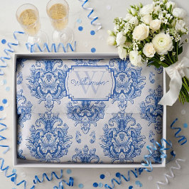 Blaues französisches Damast-Toile-Muster Name Mono Seidenpapier