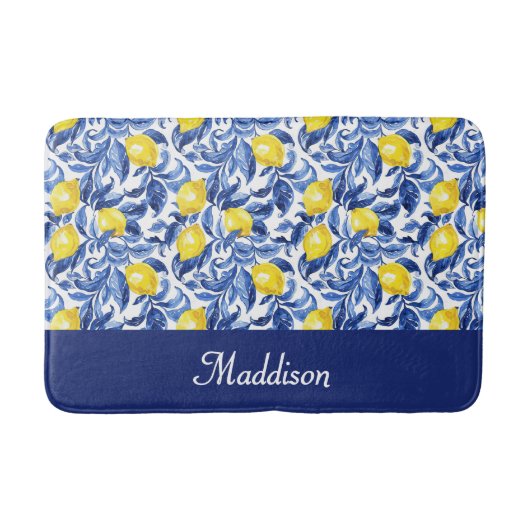 Blaues französisches Land-Lemonen-Muster-Monogramm Badematte (Vorderseite)