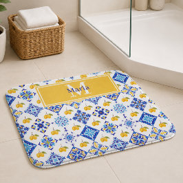 Blaues französisches Land-Lemonen-Muster Monogramm Badematte