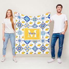 Blaues französisches Land-Lemonen-Muster Monogramm Fleecedecke