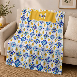 Blaues französisches Land-Limonen-Muster Monogramm Fleecedecke