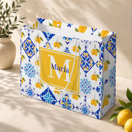 Blaues französisches Land-Limonen-Muster Monogramm Große Geschenktüte