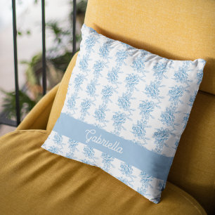 Blaues französisches Toile-Blumenmuster Name Kissen