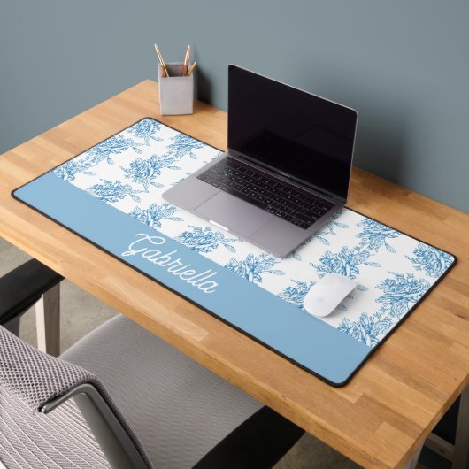 Blaues französisches Toile-Blumenmuster Name Schreibtischunterlage (Büro 2)