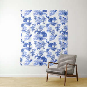 Blaues Französisches Toile-Dei-Fox-Waldmuster Wandteppich
