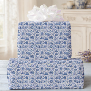 Blaues französisches Toile-Landmuster mit Rosen Zw Geschenkpapier
