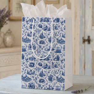 Blaues französisches Toile-Landmuster mit Rosen Zw Mittlere Geschenktüte