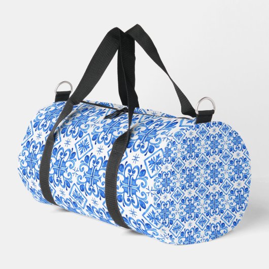 Blaues französisches Toile-Muster Duffle Bag (Linke Seite)