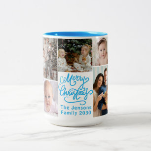 Blaues Frohe Weihnachten Fünf süße Familienfotos Zweifarbige Tasse