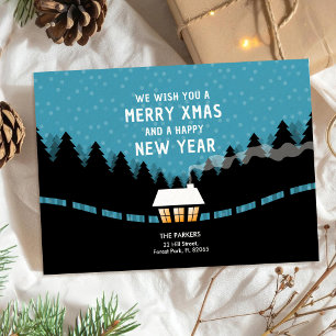 Blaues frohes Weihnachten mit retro Tannenbäumen Karte