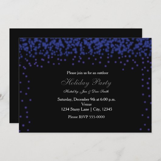 Blaues Funkellicht auf schwarzer Party Einladung (Vorne/Hinten)