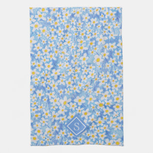 Blaues Gänseblümchen-Blumenmuster-Monogramm Geschirrtuch