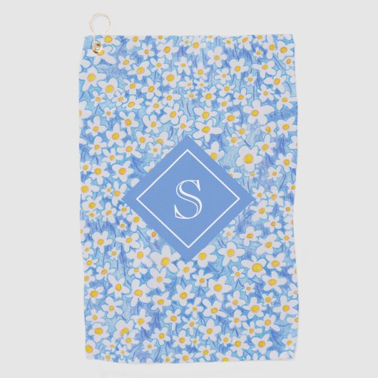 Blaues Gänseblümchen-Blumenmuster-Monogramm Golfhandtuch (Vorderseite)