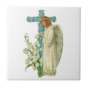 Blaues geblühtes christliches Kreuz Fliese