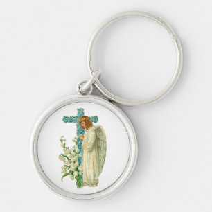Blaues geblühtes christliches Kreuz Schlüsselanhänger