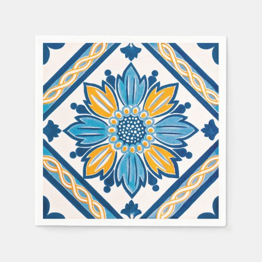 Blaues Gelbes Azulejo Mediterranes Party Serviette (Vorderseite)