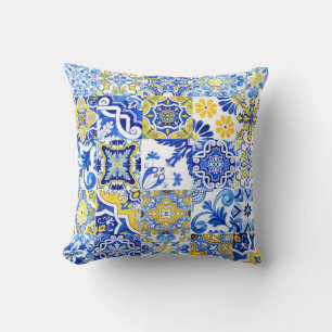 Blaues & Gelbes Azulejo Portugiesisches Majolika-M Kissen