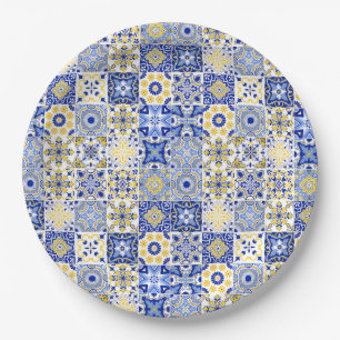 Blaues & gelbes Azulejo-Portugiesisches-Majolika-M Pappteller