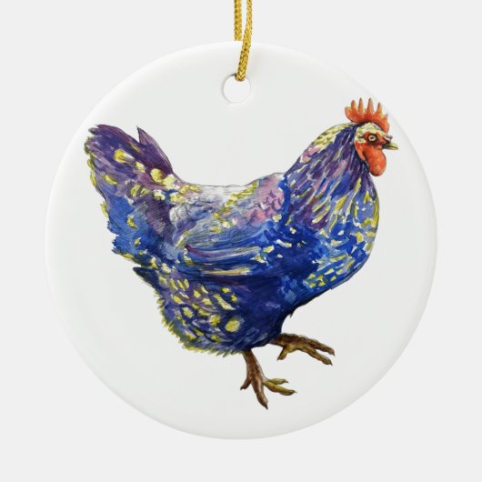 Blaues gelbes Huhn-Aquarell malend dekorativ Keramik Ornament (Vorne)