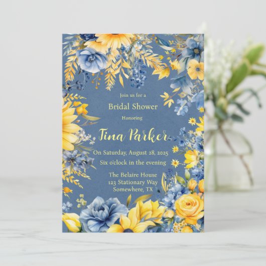 Blaues Gelbes Peony Watercolor Brautparty Einladung (Stehend Vorderseite)