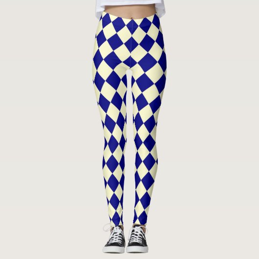 Blaues gelbes Schachbrett Diamantmuster Leggings (Vorderseite)