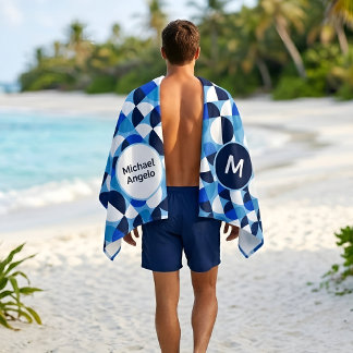 Blaues geometrisches Mosaik Bauhaus Monogramm benu Strandtuch