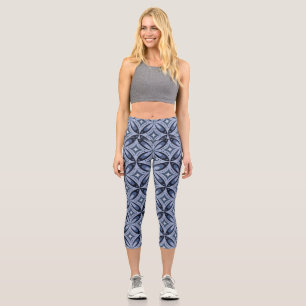 Blaues geometrisches Muster im Retro-Stil Capri Leggings