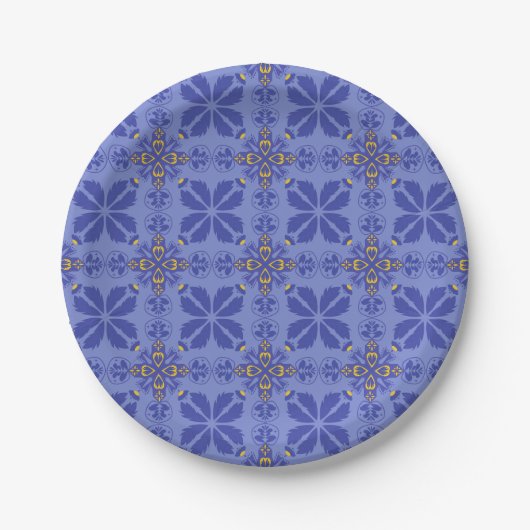 blaues geometrisches und florales Muster Pappteller (Vorderseite)