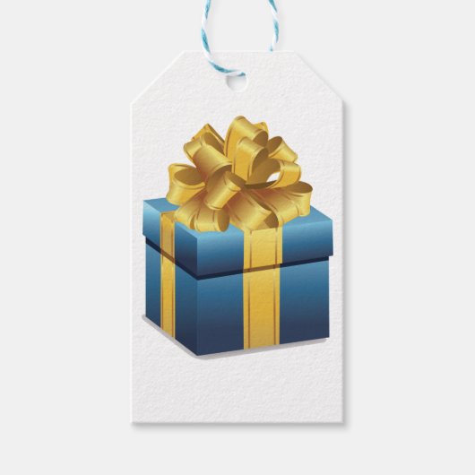 Blaues Geschenk mit goldener Ribbon Geschenkanhänger (Vorderseite)