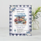Blaues Gingham Außer Handel QR-Code Brautparty Einladung (Stehend Vorderseite)