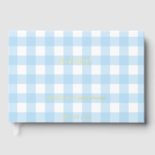 Blaues Gingham-Babyshower-Gästebuch Gästebuch (Vorderseite)