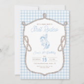 Blaues Gingham First Rodeo 1. Geburtstag Cowboy Einladung (Vorderseite)