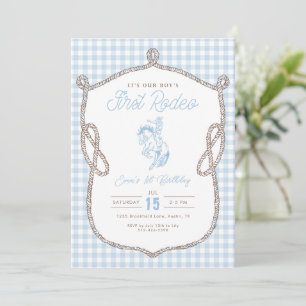 Blaues Gingham First Rodeo 1. Geburtstag Cowboy Einladung