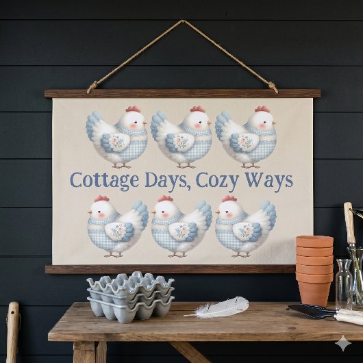 Blaues Gingham-Haus-Huhn Wandteppich Mit Holzrahmen