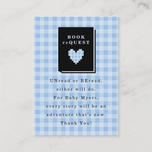 Blaues Gingham-Herz-Buch-Anfrage Begleitkarte (Vorderseite)