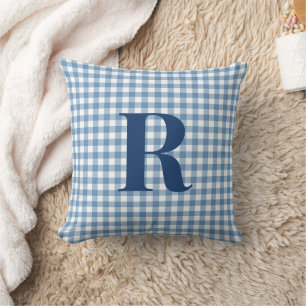 Blaues Gingham Modernes Monogramm  Kissen