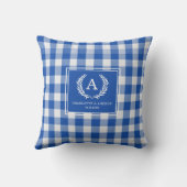 Blaues Gingham Monogrammwappen Kissen (Rückseite)