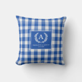 Blaues Gingham Monogrammwappen Kissen (Vorderseite)