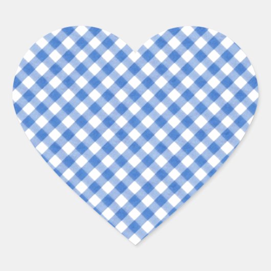 Blaues Gingham-Muster Herz-Aufkleber (Vorderseite)