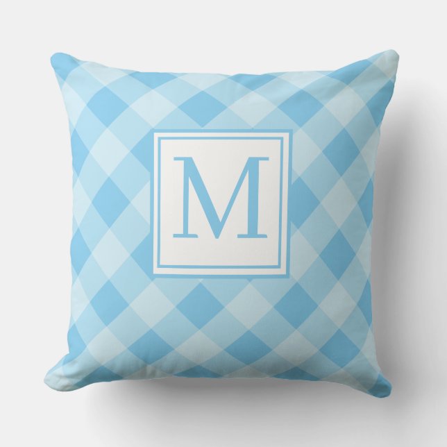 Blaues Gingham-Muster Monogramm Anfangsbuchstabe W Kissen (Vorderseite)