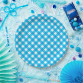 Blaues Gingham-Muster Pappteller (Party)