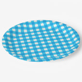 Blaues Gingham-Muster Pappteller (Schrägansicht)